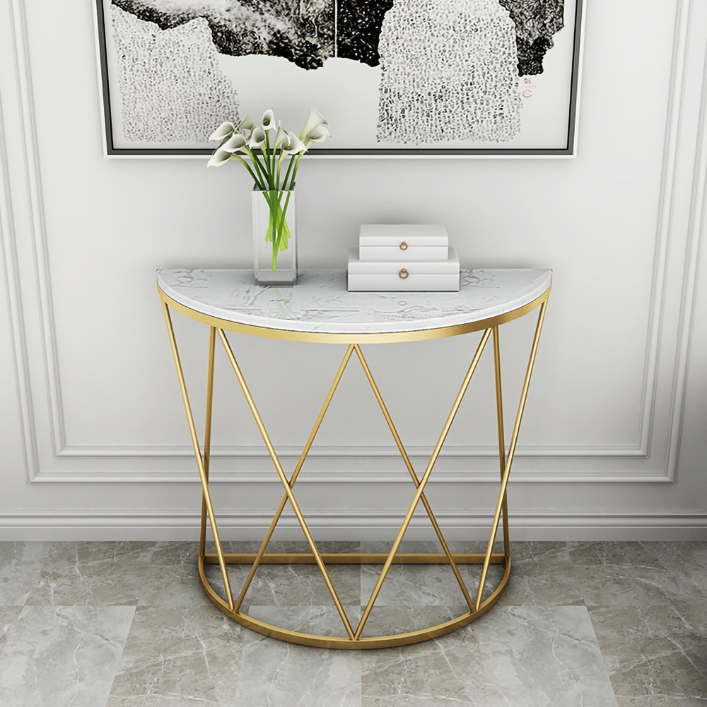 Modern Luxury Faux Marble Narrow Console Table Semicircle Table Gold window image