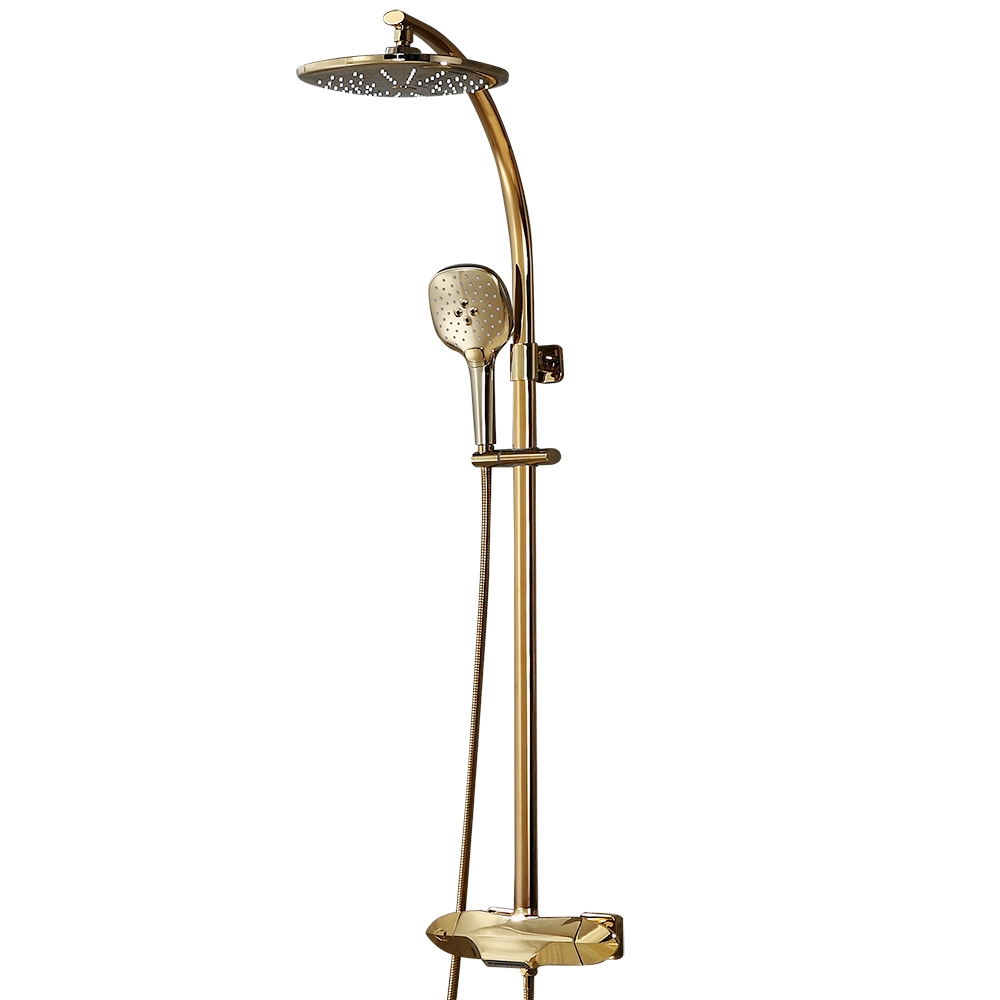 Zime Modern Gold Exposed Adjustable Shower Faucet Thermostatic Valve with 2-Function Hand Shower & Waterfall Tub Spout Shower System Solid Brass window image