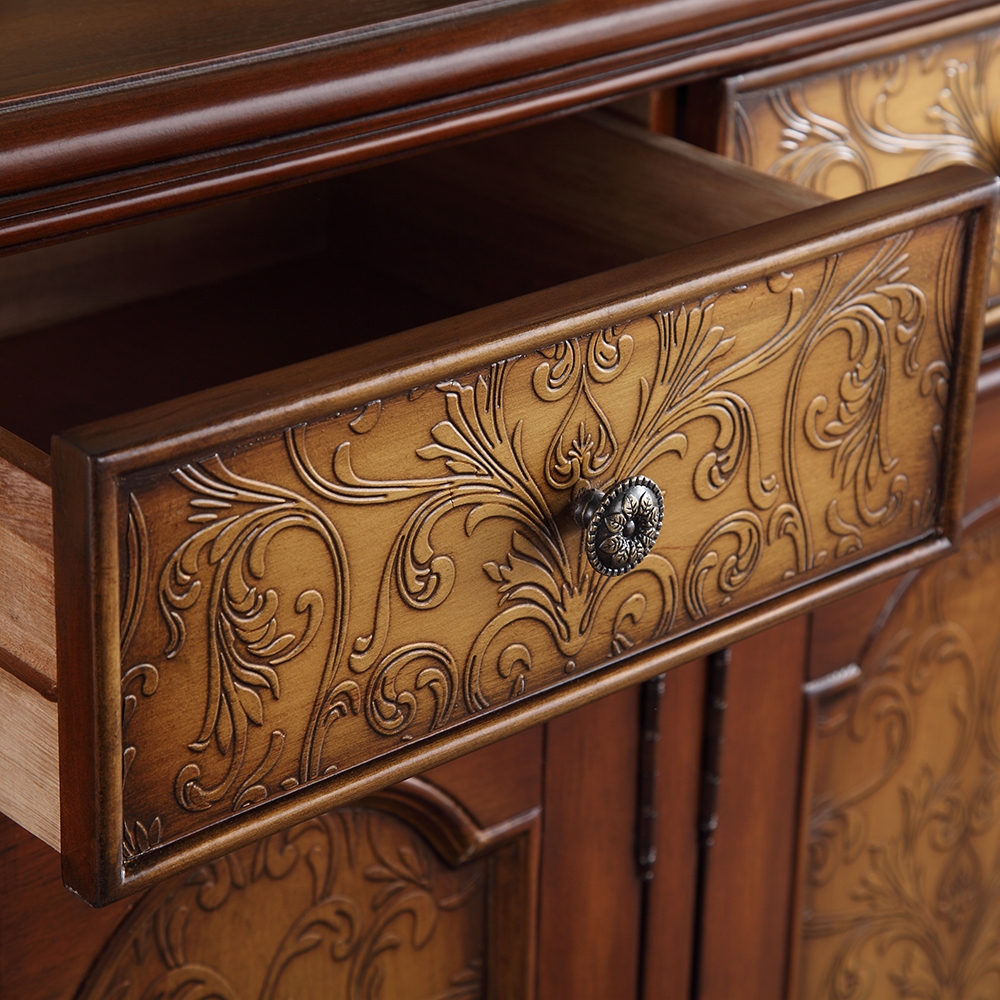 59.1" Vintage Walnut Shoe Cabinet Embossed Floral Surface with 6 Shelves and 4 Doors window image