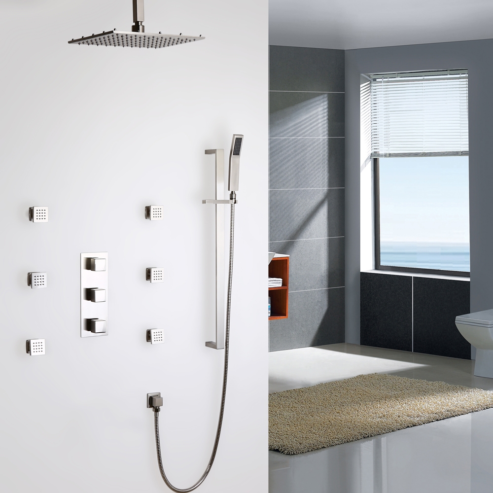 Modern 12 Inches Thermostatic Square Ceiling-Mount Rain Shower Head & 6 Body Sprays & Wall Mounted Hand Shower System Brushed Nickel window image