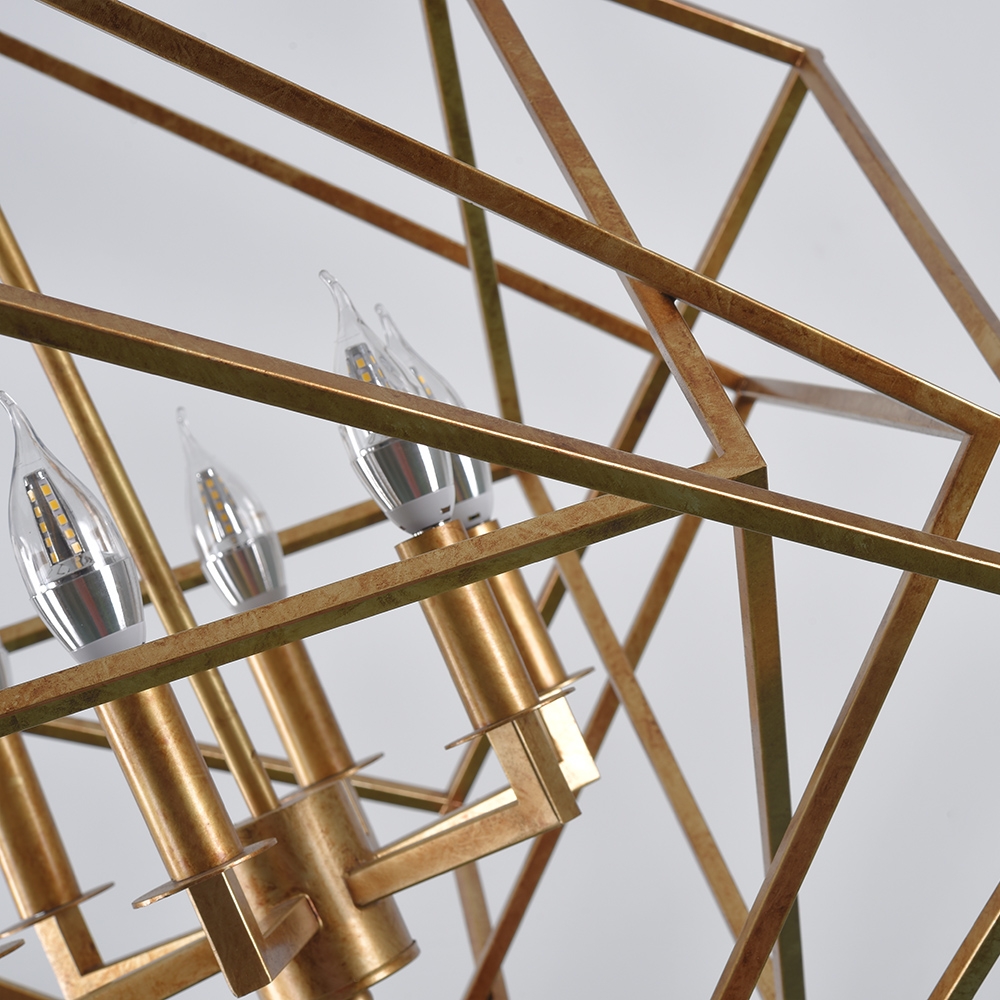 Modern Mid-Century Square Geometric Candle Chandelier 6-Light Antique Gold Ceiling Light window image