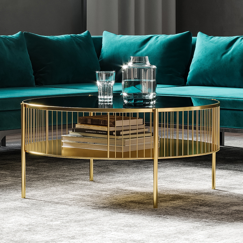 Black Round Coffee Table Set of 2 with Shelf Accent Table Metal in Gold window image