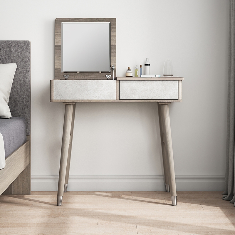 Modern Nordic Small Makeup Vanity Table & Side Storage Vanity with Flip Top Mirror & Storage Cabinet in Cement Gray window image