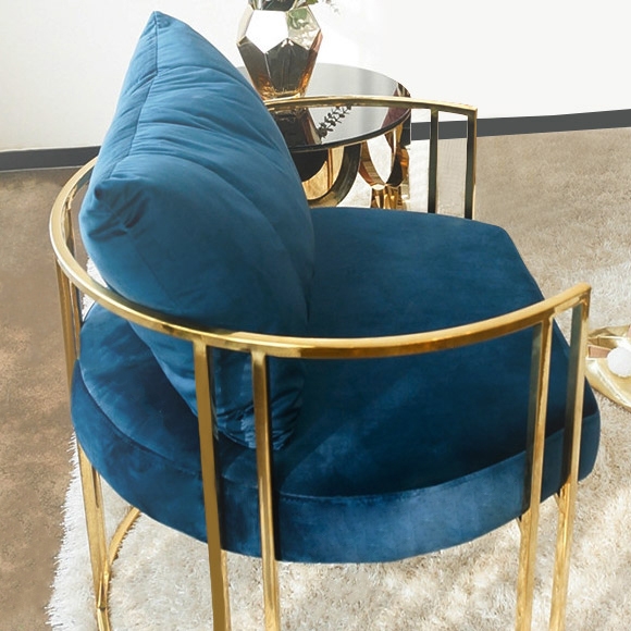 Gold Accent Chair Blue Velvet Barrel Chair with Pillow Back & Cushion Stainless Steel Frame window image