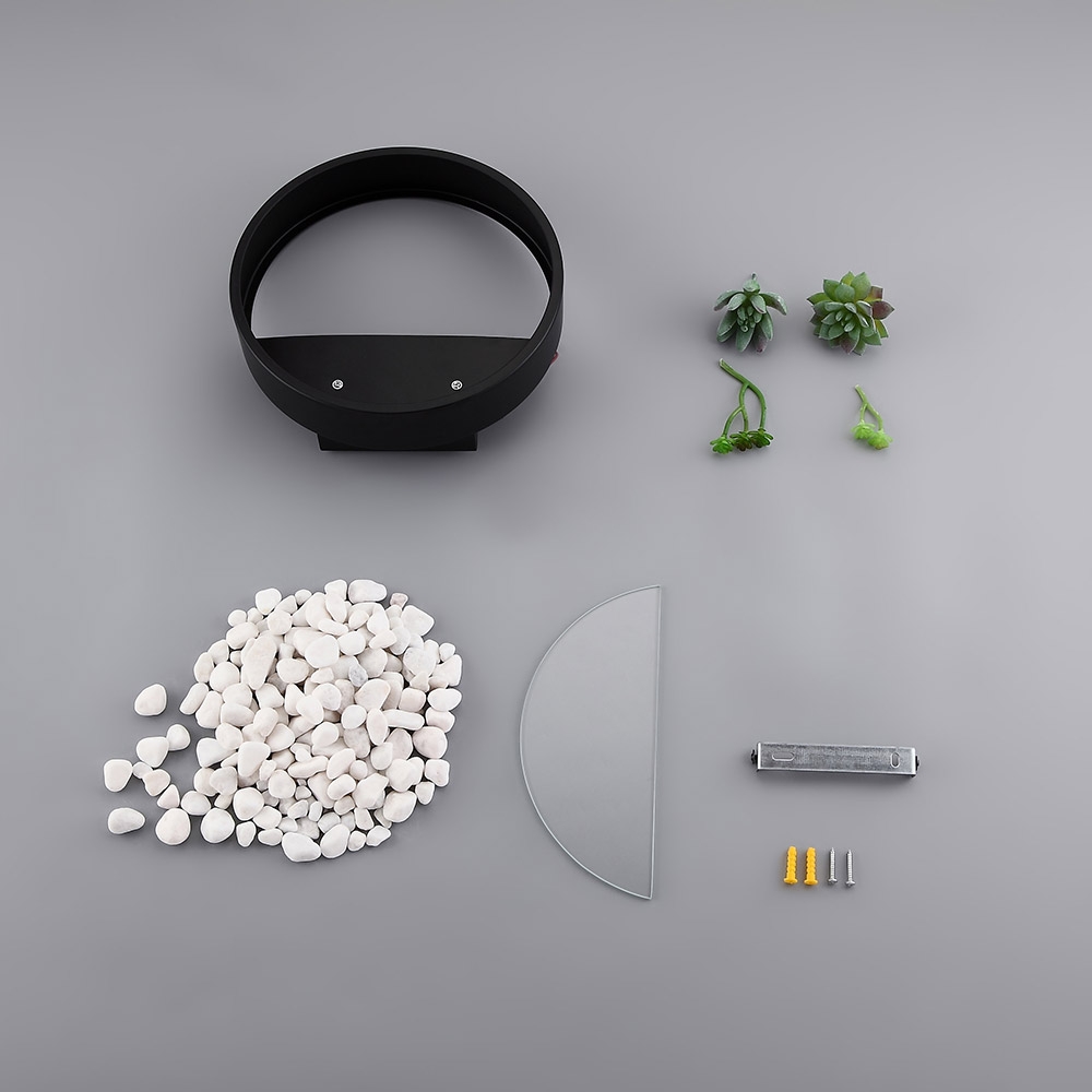 Ultra Modern LED Artificial Mini Wall Planter Round Metal Glass Indoor Wall Light in Black