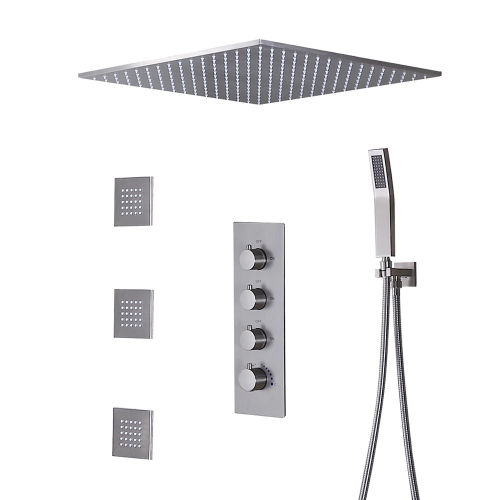 Modern Rain Thermostatic Brushed Nickel Shower Tap Flush Mount Shower System with Hand Shower & Body Jets Solid Brass window image