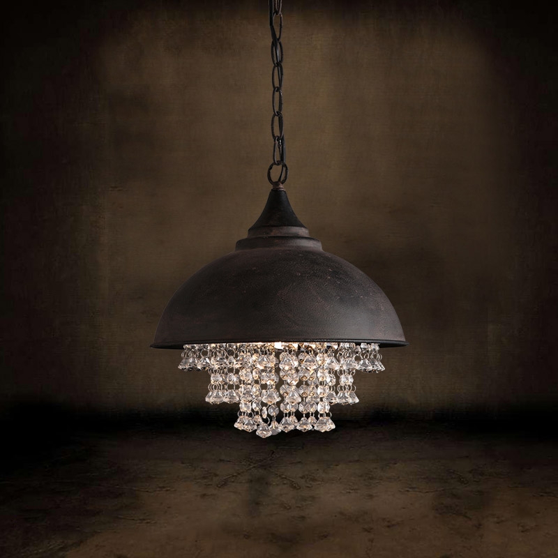 Industrial Rust Metal Dome Shade 1-Light Pendant Light with Clear Crystal Cascade window image