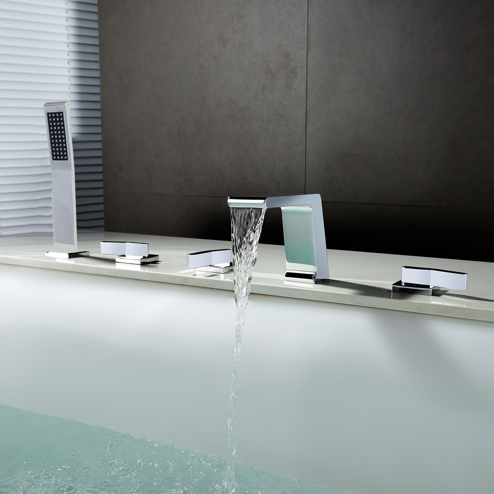 Rosa Deck Mounted Solid Brass Waterfall Roman Tub Faucet with Hand Shower in Polished Chrome window image