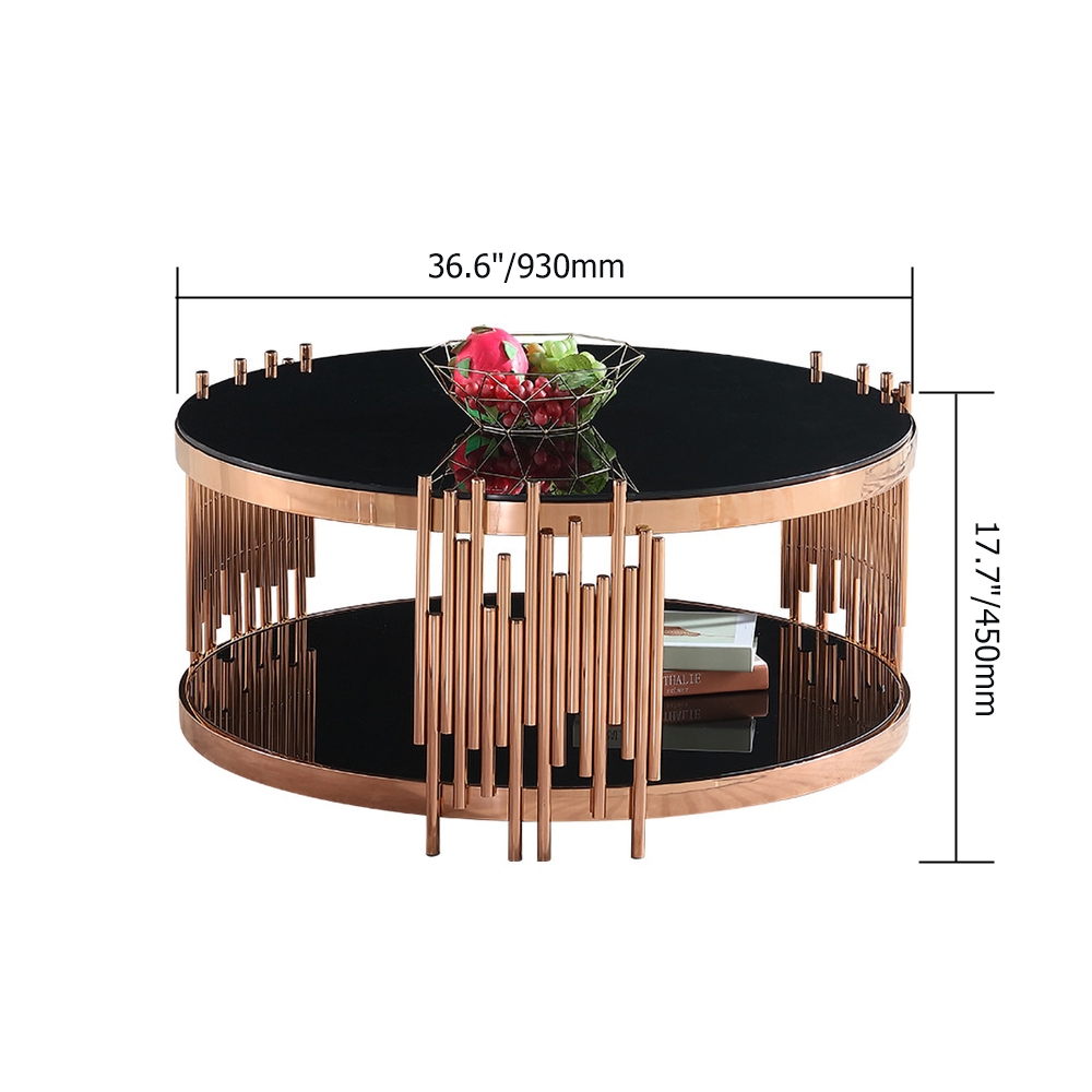 Black Modern Round Coffee Table Glass Top with Storage window image