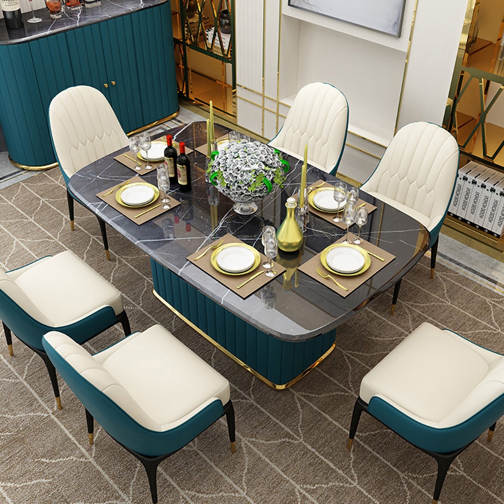 Black Faux Marble Rectangle Dining Table with Storage Blue PU Leather window image