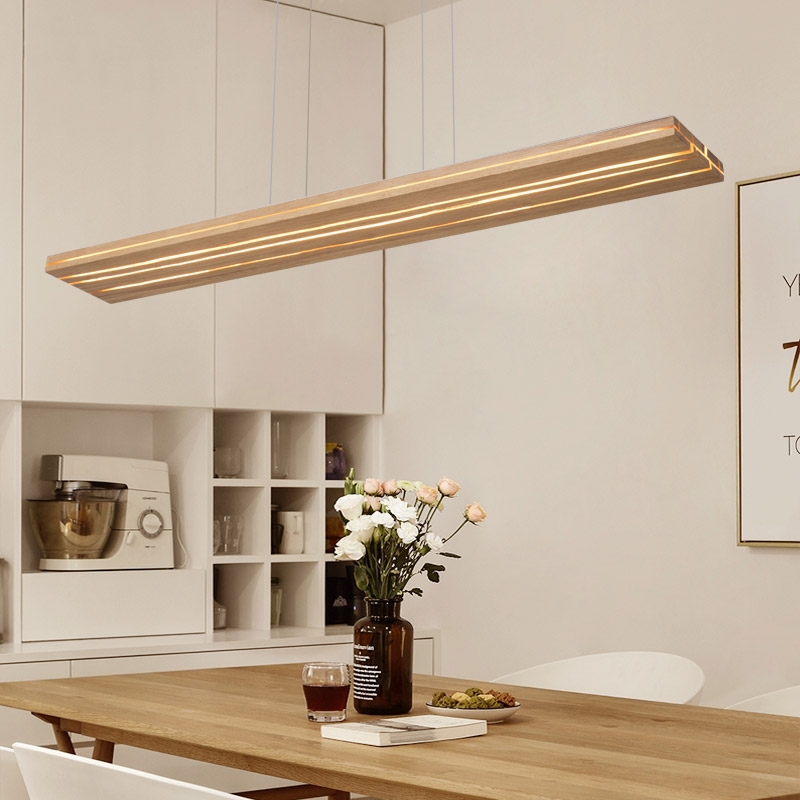 Modern LED Rectangular Pendant Light 39" Wide Wood and Resin Kitchen Island Light window image