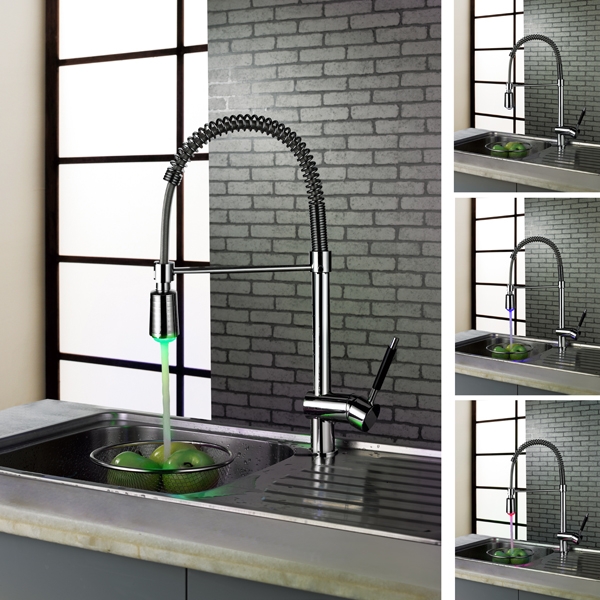 Trins LED Single-Handle Commercial Spring Kitchen Sink Faucet with Pull Down Spray Chrome window image