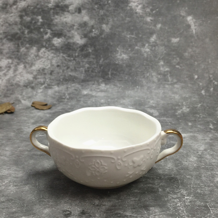 Modern Minimalist Round Embossed Bowl White Ceramic Gold Handles Soup Bowl with Saucer & Spoon Set of 2 window image
