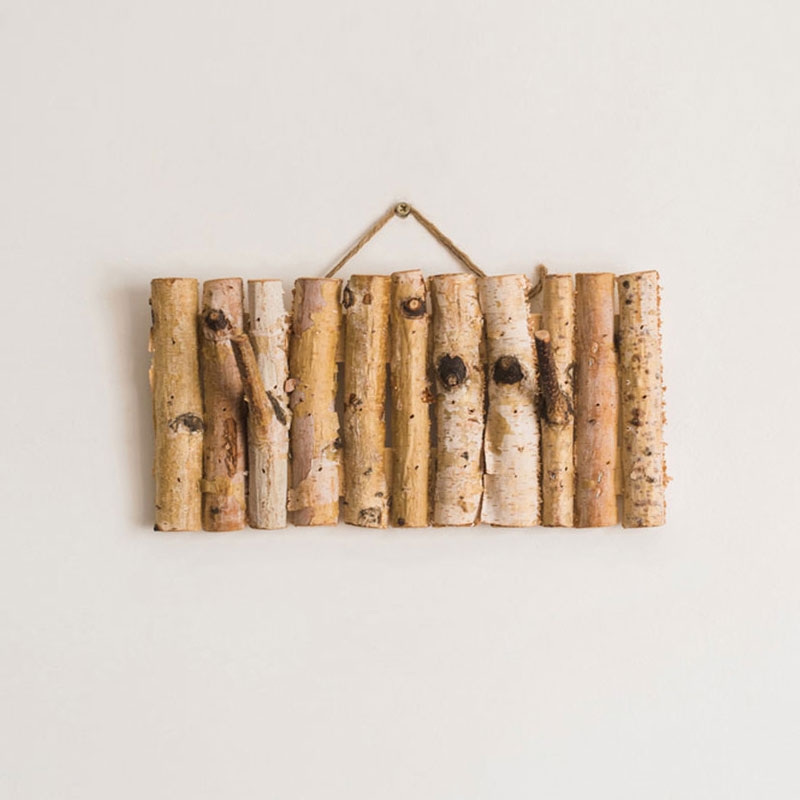 Farmhouse Rustic Rectangular Natural Birch Wood Coat Rack Wall Mounted Hook Rack with 2 Hooks window image