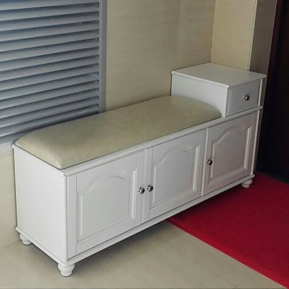 1200mm White Genuine Leather Upholstered Bench with Shoe Cabinet 3-Door Shoe Organizer window image