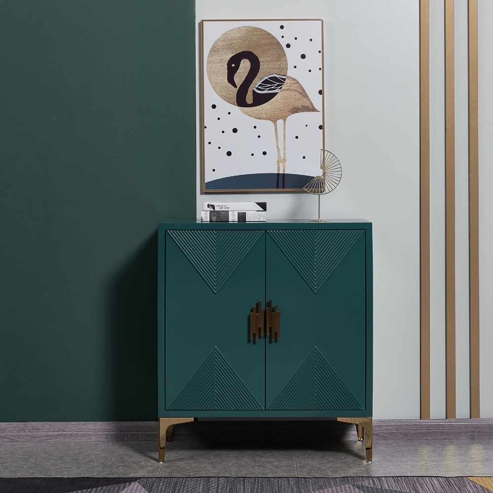 Wovuna 31" Green Shoe Cabinet Rectangle Shoe Storage with Doors and Shelves Gold Finish window image