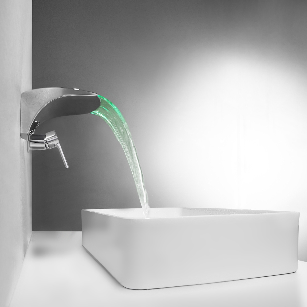Modern LED Waterfall Wall Mounted 2-Hole Bathroom Basin Mixer Tap in Polished Chrome window image