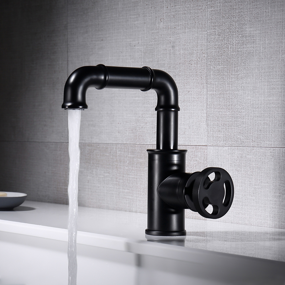 Ruth Industrial Pipe Monobloc Bathroom Basin Mixer Tap Single Handle Solid Brass in Black window image