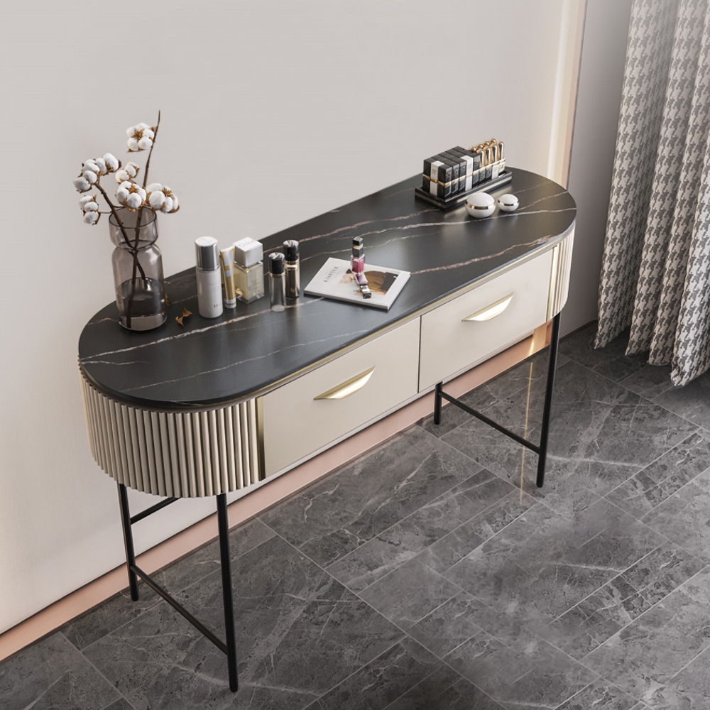 Nordic Off-White Makeup Vanity Sintered Stone Top with 2 Drawers for Storage in Black window image