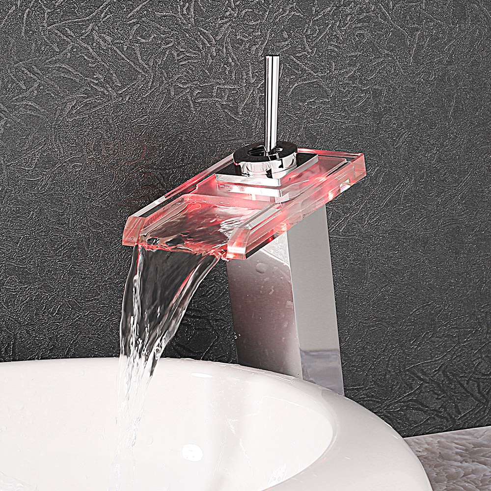 Fun LED Tall Glass Spout Single Lever Single Hole Waterfall Vessel Sink Faucet Chrome window image