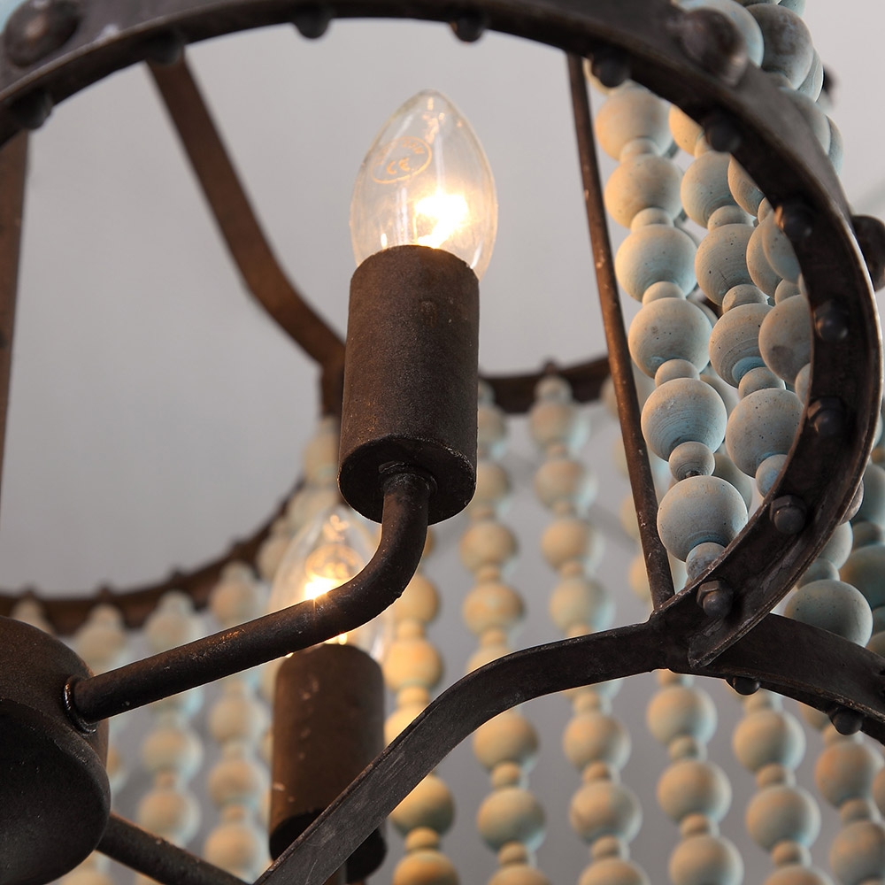 Malia Vintage Rustic 5-Light Distressed Wood Beaded Pendant Light Scalloped Light Metal in Rust