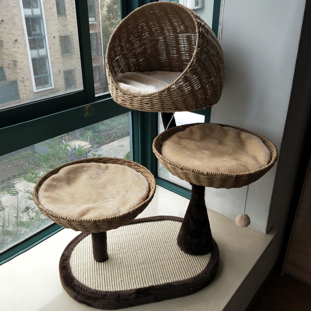 920mm Faux Fur Velvet Cat Tree Condo 3 Tier Woven Cat Bed and Perch window image