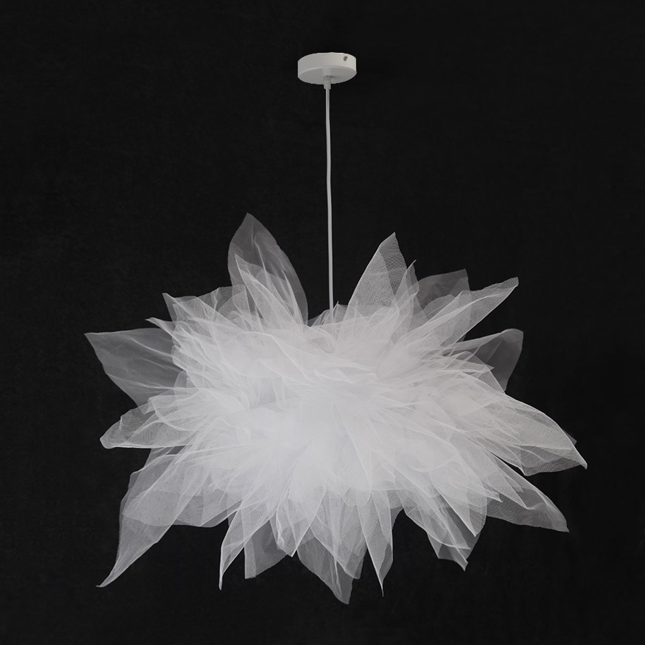 Modern Creative Flower Pendant Light Fabric Gauze Ceiling Light in White window image