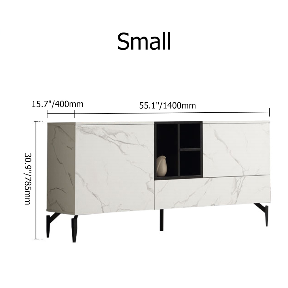 Aparador blanco contemporáneo de 1400 mm, puertas, estantes y cajones de cocina tipo bufé en tamaño pequeño imagen de ventana