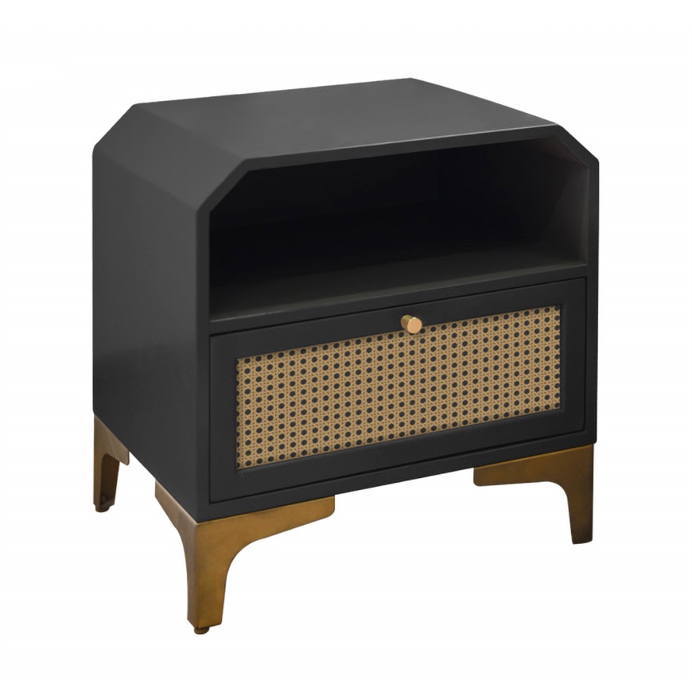 Table de chevet noire de style américain avec surface en rotin avec 1 tiroir Doré image de fenêtre