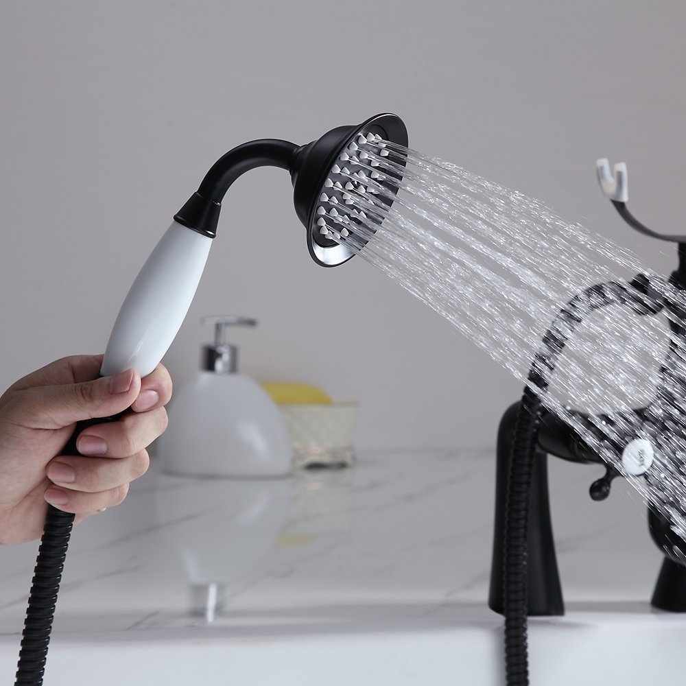 Montag Deck Mounted Waterfall Tub Filler Faucet with Hand Shower Solid Brass in Antique Black window image