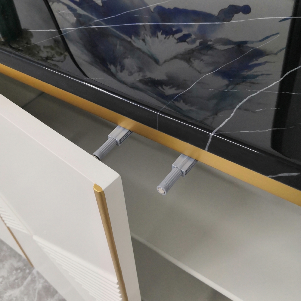 63" White Sideboard Buffet Black Faux Marble Top with Doors & Shelves Gold Finish in Large window image