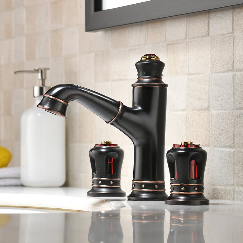 Classic Widespread Pull-Out Spray Bathroom Sink Faucet with Double Handle in Antique Black window image