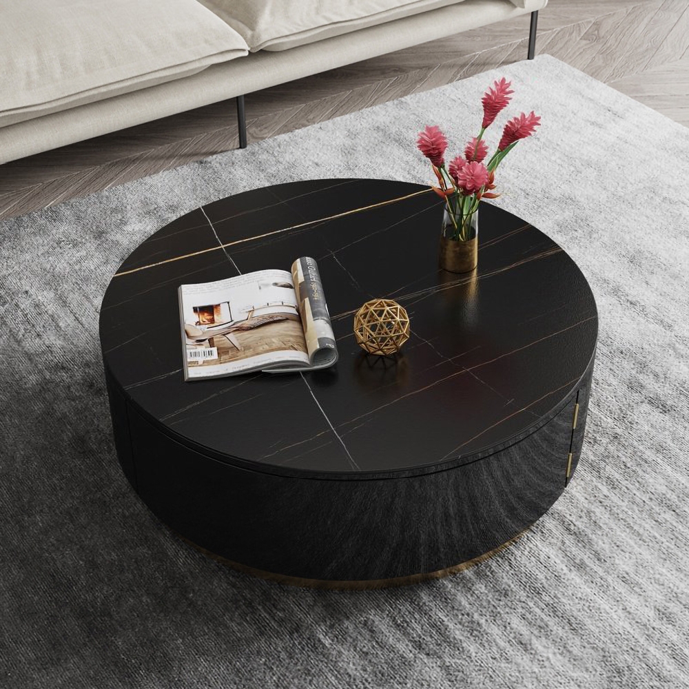 Table basse ronde noire avec tiroirs rotatifs Plateau en pierre frittée Base en acier inoxydable image de fenêtre