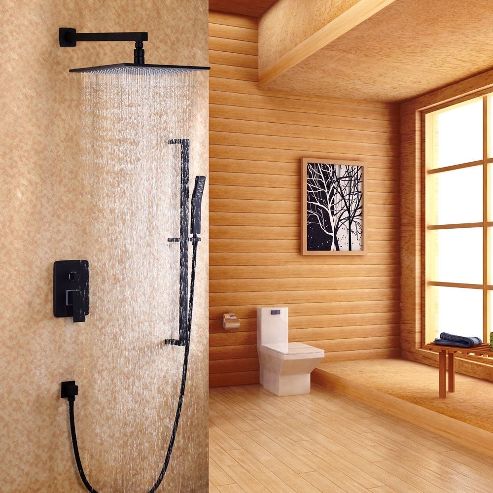 Dree Contemporary Wall-Mount 8" Square Rain Shower & Slide Rail Hand Shower System in Matte Black Solid Brass window image