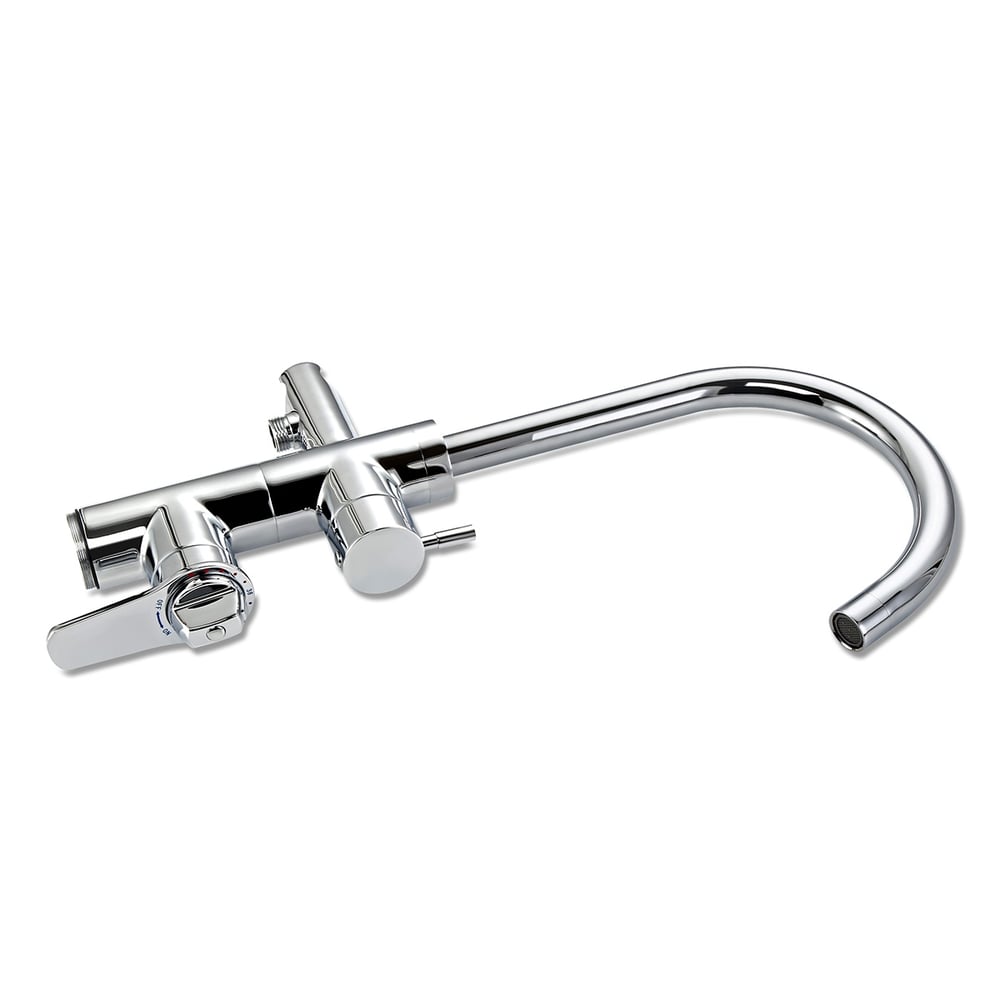 Modern Freestanding Thermostatic Bathtub Faucet High Arc Spout Floor Mount Bathtub Filler with Handshower Polished Chrome window image