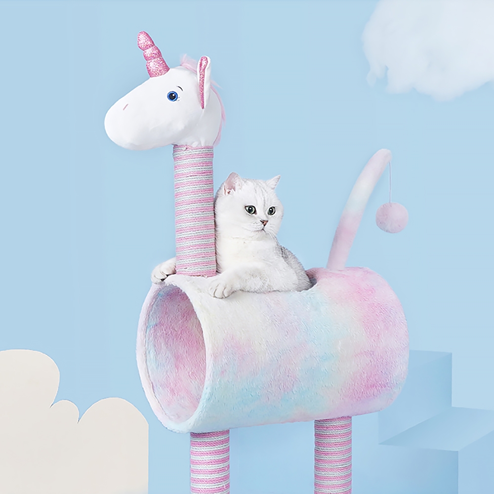 41" Unicorn Cat Tree Tunnel Claw-Scratch Post Sisal Teasing Ball Irridescent window image