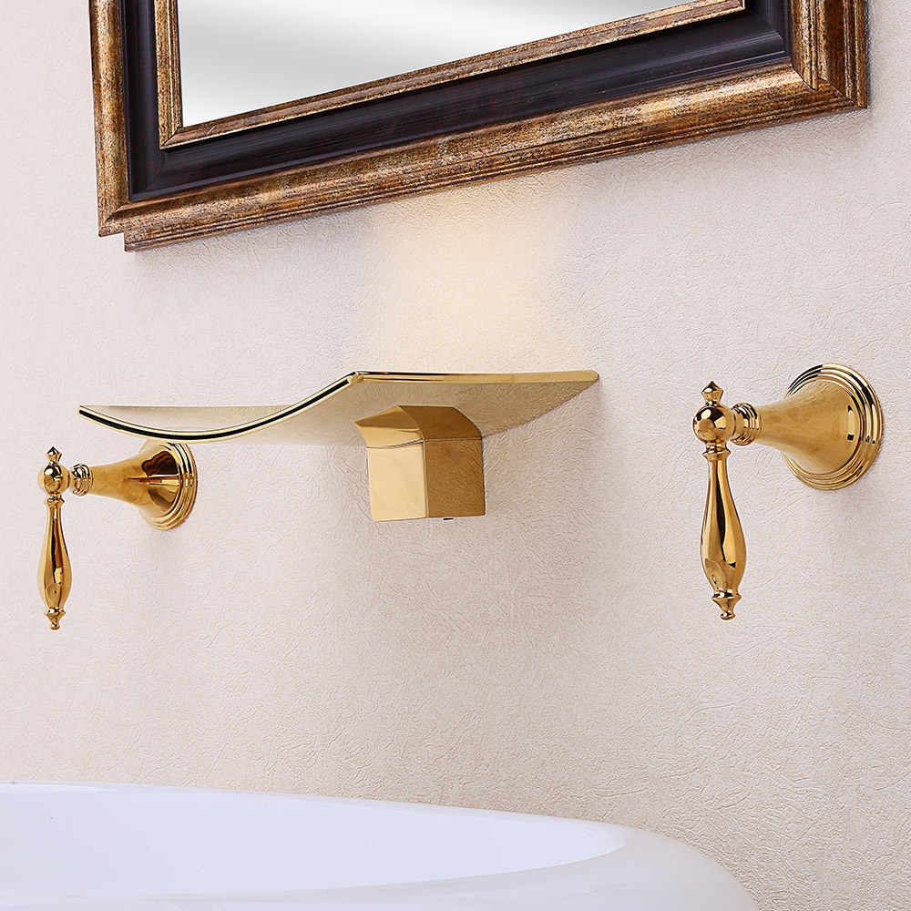 Grop Modern Waterfall Wall Mount 2-Handle Bathroom Sink Faucet Solid Brass in Gold window image