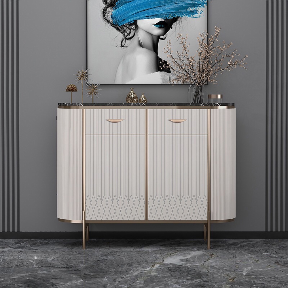 Buffet moderne de 1400 mm avec portes supérieures en faux marbre noir, tiroirs et étagères de taille moyenne image de fenêtre