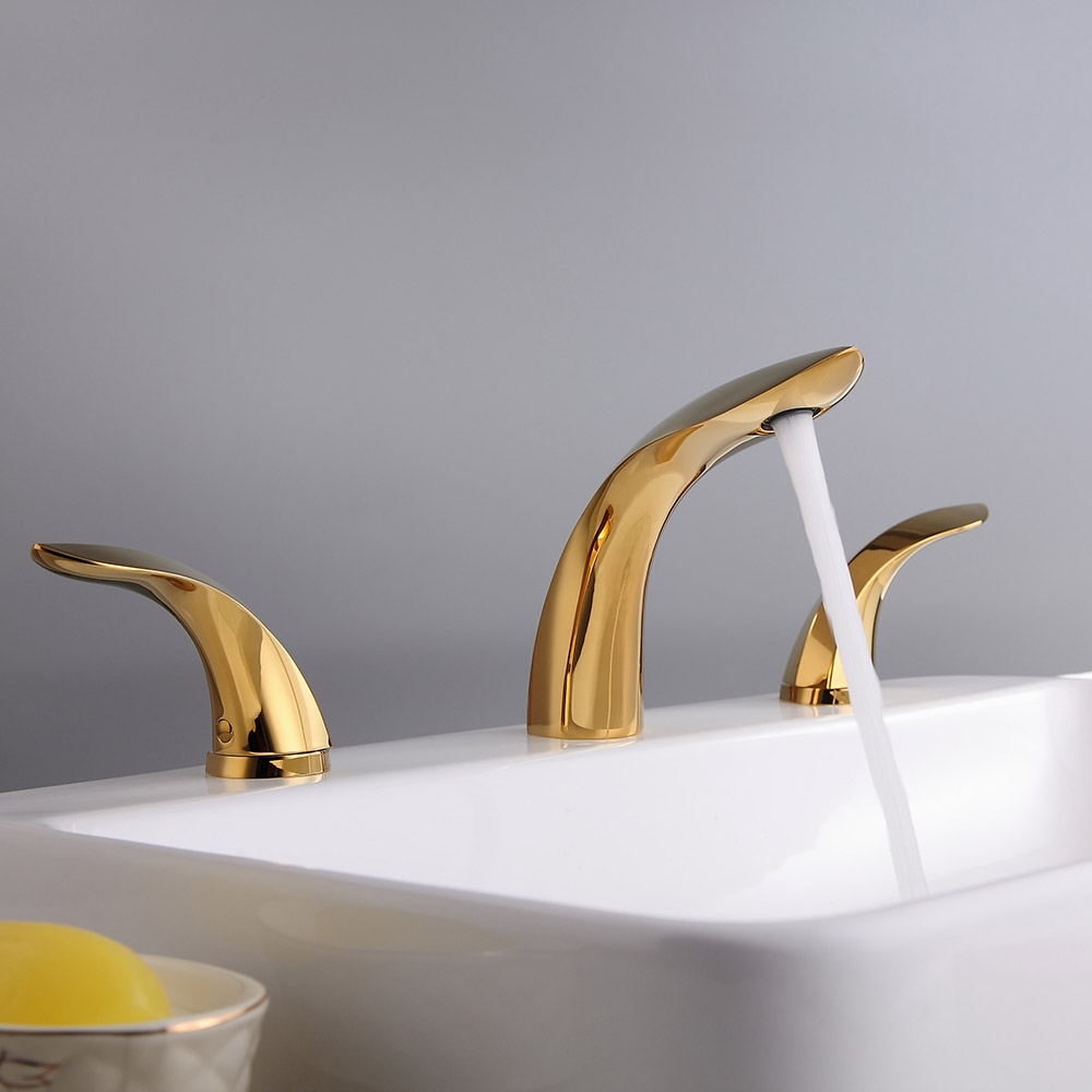 Zime Modern Aerated Spout Widespread Sink Faucet Double Handles in Gold Solid Brass window image