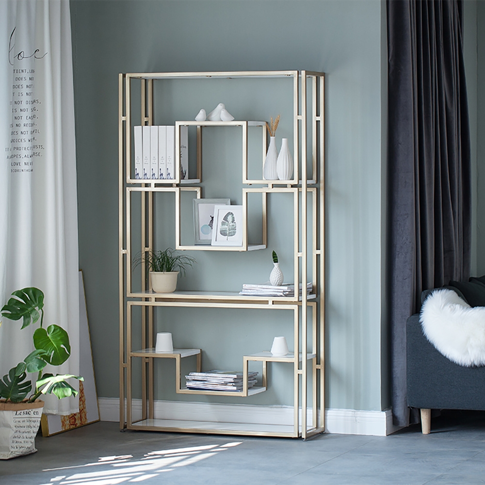 47.2'' Gold Modern Metal Etagere Bookshelf Freestanding Bookcase with  Wood Shelf window image