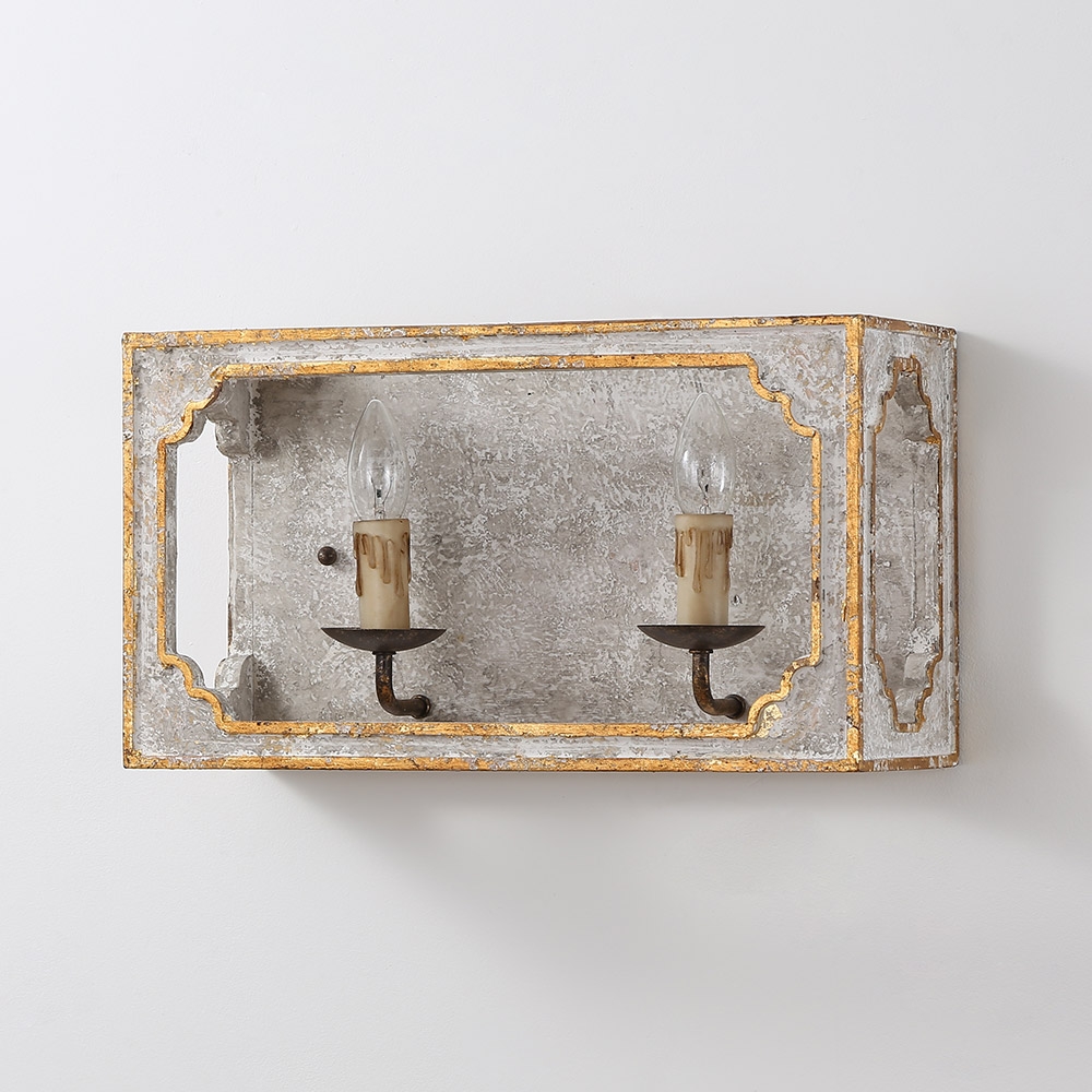 Heye French Country Candle Wall Sconce 2-Light Square Wall Light Distressed