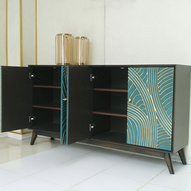Nowi Modern 4-Door Wave Sideboard & Buffet Table Cabinet Birch MDF in Green & Gold window image