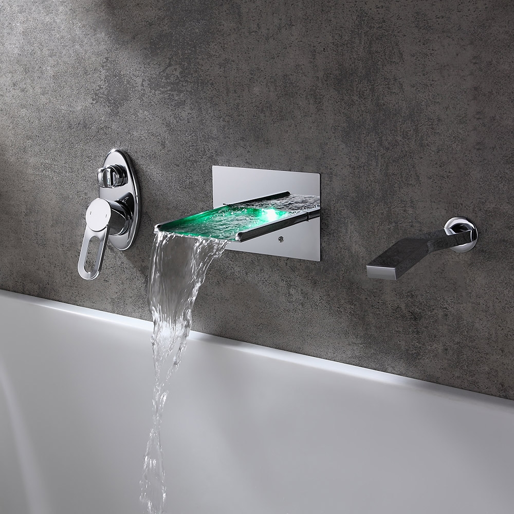 Koko Modern Polished Chrome Wall Mounted LED Waterfall Roman Tub Filler Faucet Hand Shower Set Solid Brass window image