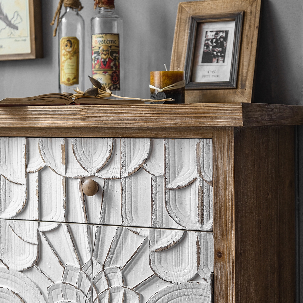 Rustic Distressed White Cabinet Carved Surface with Drawer & Doors window image