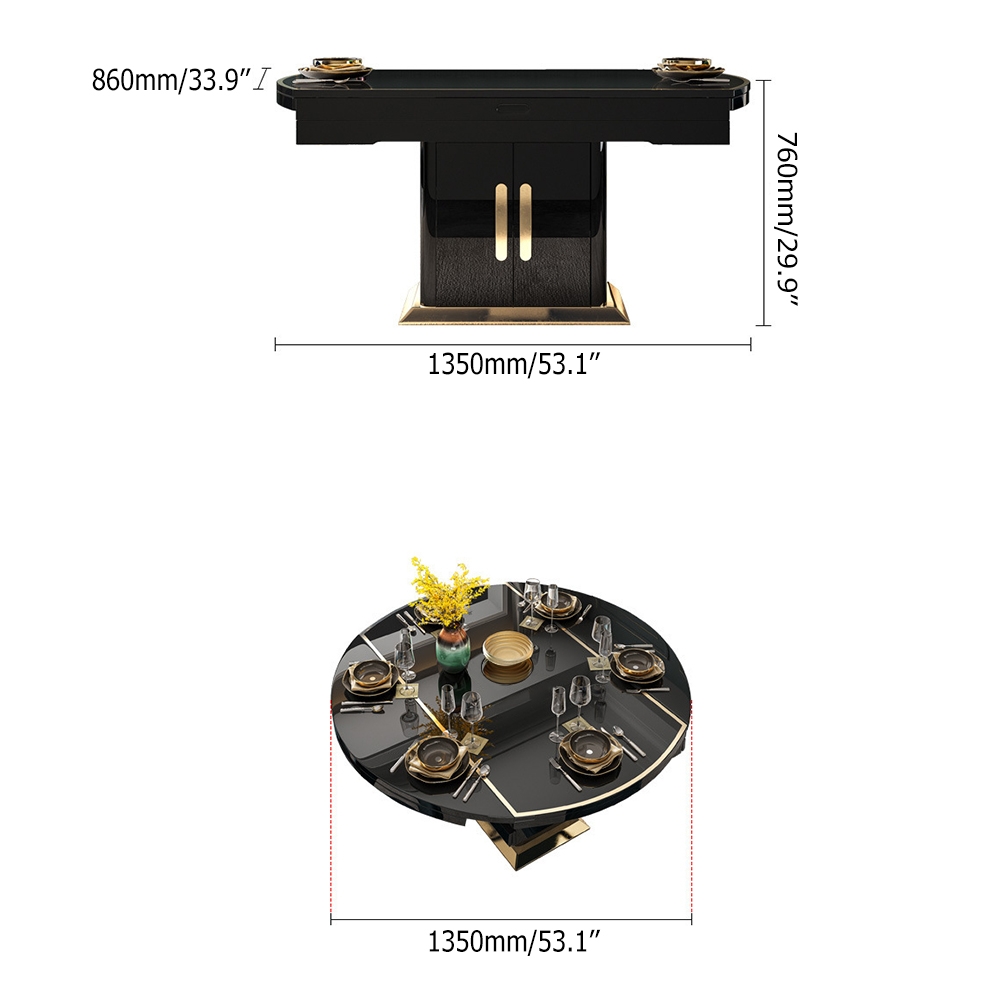 Round Black Extendable Dining Table with Storage Base Wood And Stainless Steel Table Space Saving window image