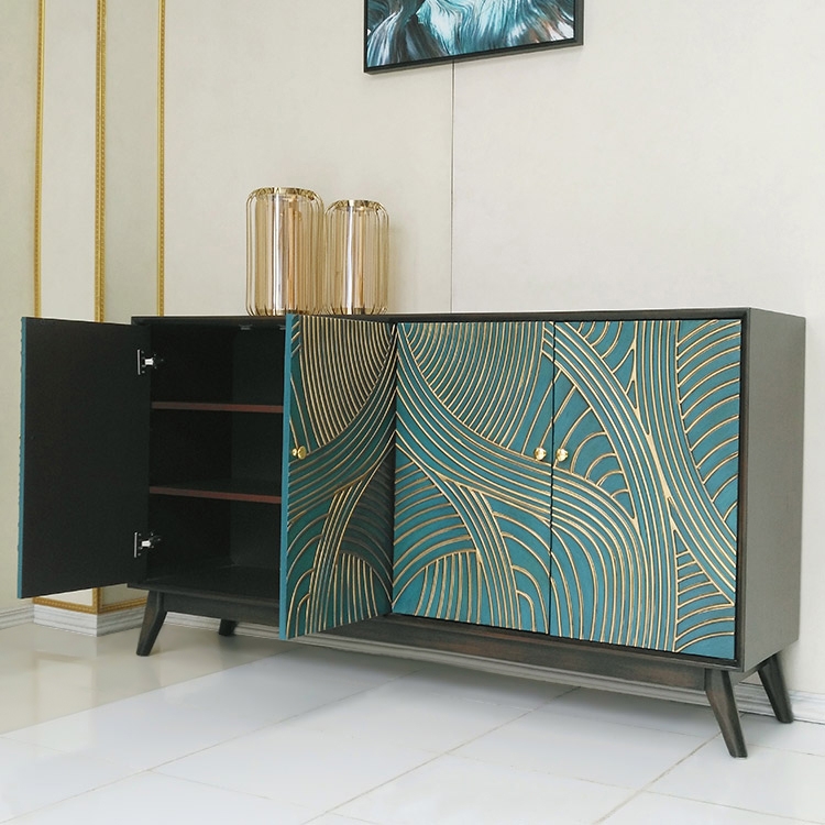 Nowi Modern 4-Door Wave Sideboard & Buffet Table Cabinet Birch MDF in Green & Gold window image