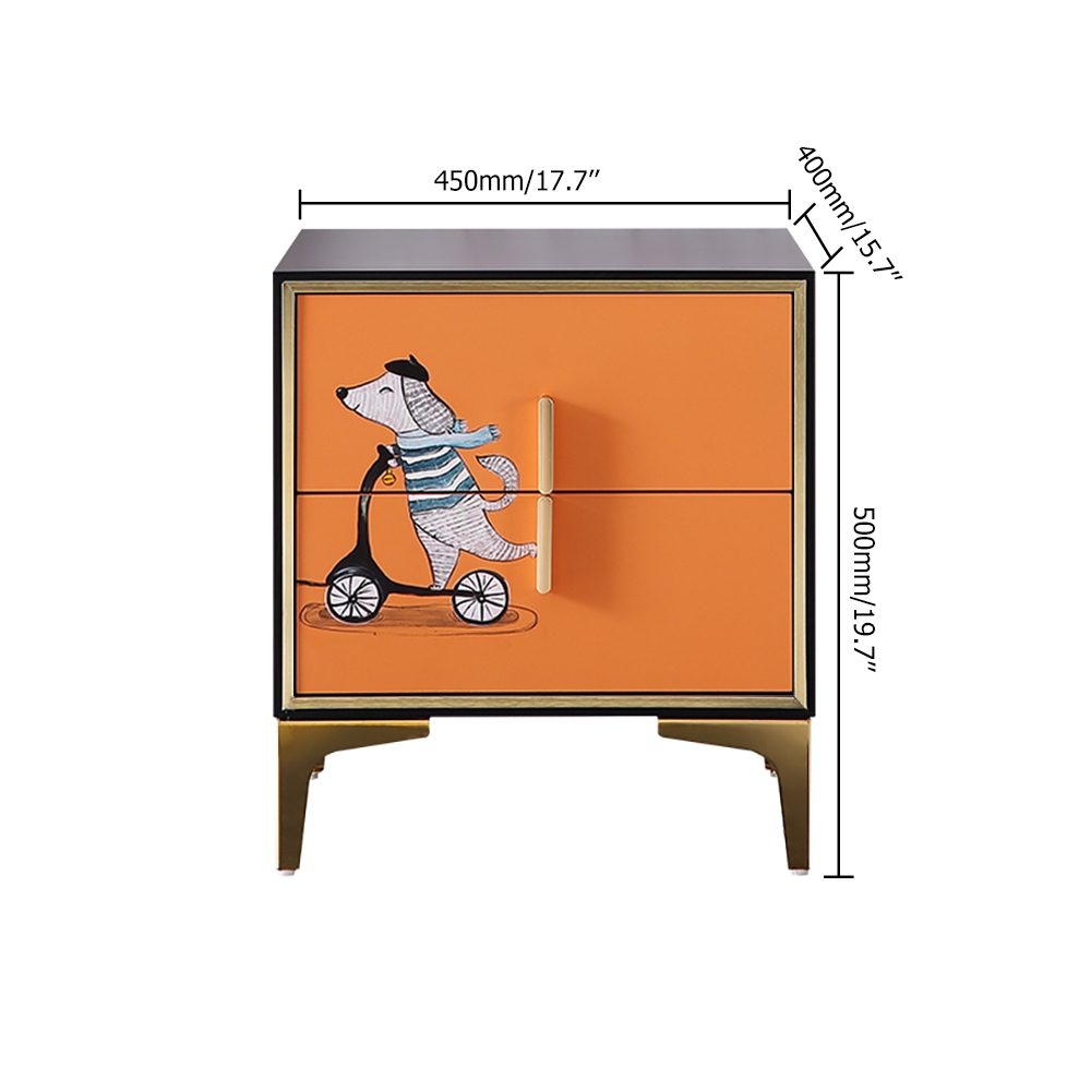 Orange & Black Nightstand with 2 Drawers Contemporary Paint Pattern Gold Pulls window image