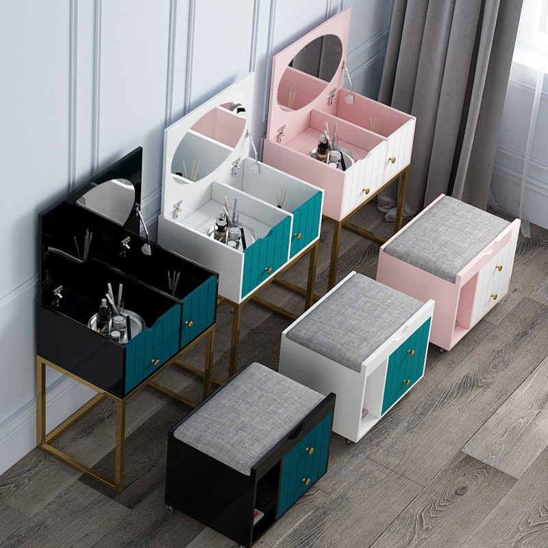 Modern Mirrored Makeup Vanity Set Dresser with Drawers & Ottoman in Pink window image