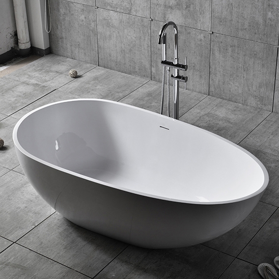 Oval Freestanding Soaking Bathtub Stone Resin with Center Drain & Overflow in Glossy White window image