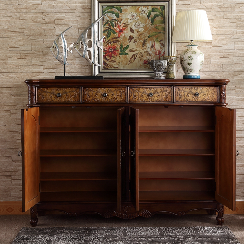59.1" Vintage Walnut Shoe Cabinet Embossed Floral Surface with 6 Shelves and 4 Doors window image